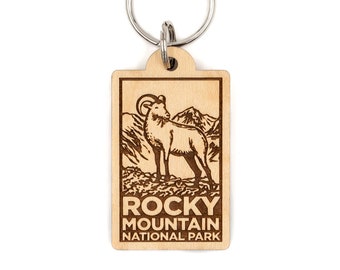 Rocky Mountain National Park Wood Keychain - mountain goat, colorado, ram, rocky mountain, estes park, winter park, boulder