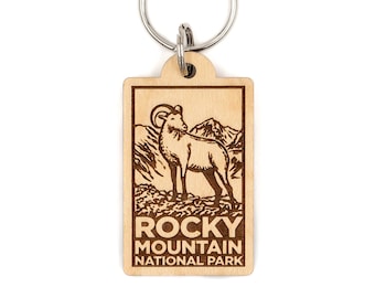 Rocky Mountain National Park Wood Keychain - chèvre de montagne, colorado, bélier, montagne rocheuse, parc d’estes, parc d’hiver, rocher