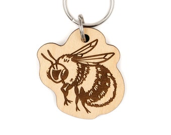 Fluffy Bumblebee Wood Keychain