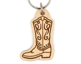 Cowboy Cowgirl Boot Wood Keychain - western, rodeo, ranch, country dancing, caballero, horse, spurs