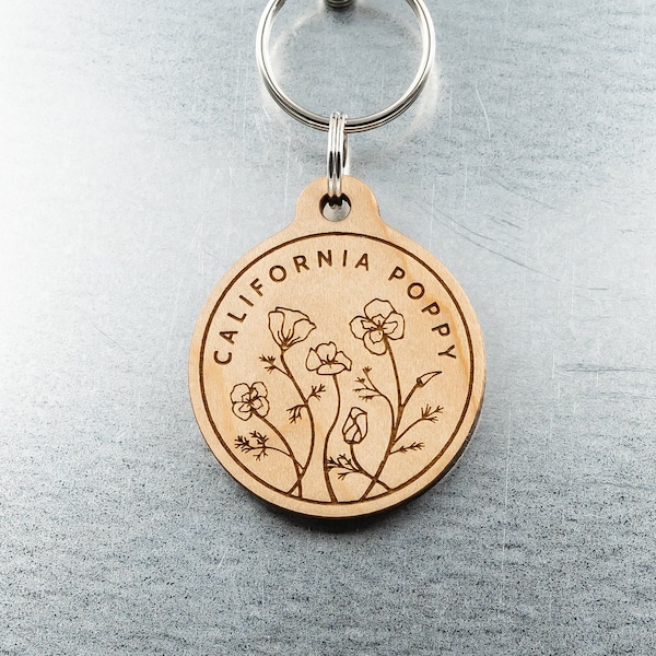 California Poppy Keychain - Engraved Wood Key Chain with Custom Flower Design - Cute Gift for Her