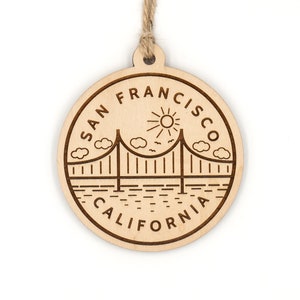 San Francisco Bridge- Wood Christmas Ornament - Laser Cut and Engraved - Finished Maple - Custom Modern Design - Cute Gift