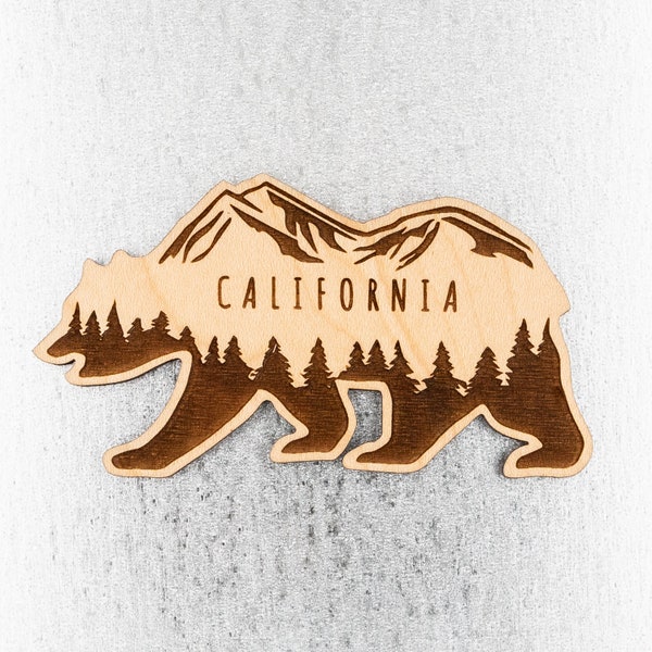 California Bear Fridge Magnet - With Mountains and Forests - Made from Wood - Cute Laser Cut California Decor or Gift