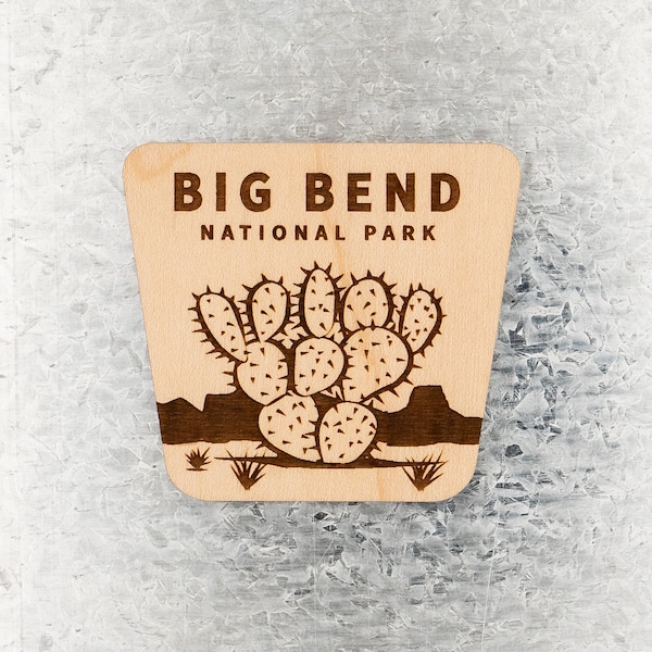 Big Bend National Park - Wood Fridge Magnet - Prickly Pear Cactus - Laser Cut and Engraved - Finished Maple - Custom Modern Design