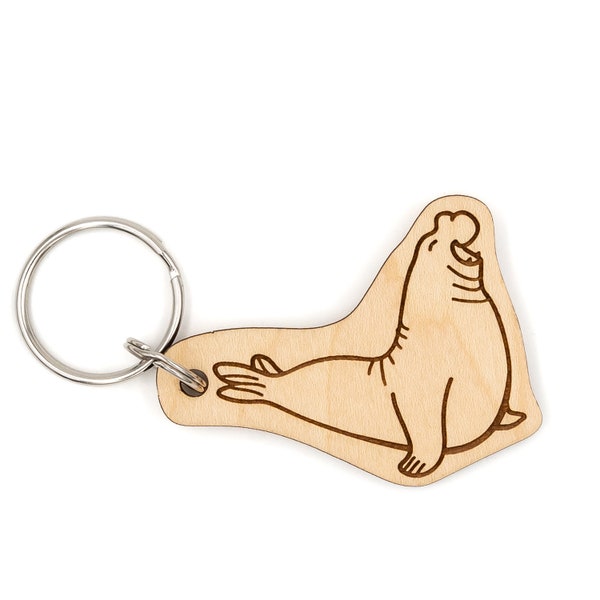 Elephant Seal - Wood Keychain - Laser Cut and Engraved - Finished Maple - Original Modern Design - Cute Gift