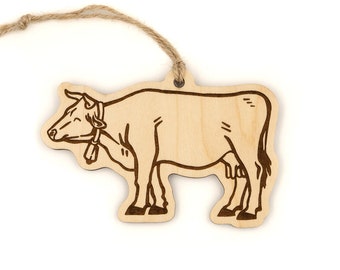 Cow Wood Ornament - Cowbell Moo Farm animal holiday ornament cottagecore