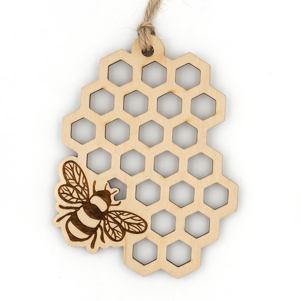 Honeycomb & Bee Ornament - Wood Christmas Ornament, Bumble bee buzzin on a hexagon honey comb, Cute Insect, Save the Bees, Wasp, Hornet