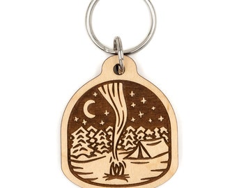Portachiavi falò - Portachiavi avventura e campeggio all'aperto, tenda, foresta, stelle lunari, fuoco, fumo, design carino della natura, esci