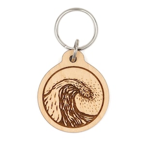 Ocean Wave & Surf - Wood Keychain - Laser Cut and Engraved - Finished Maple - Original Modern Design - Cute Gift