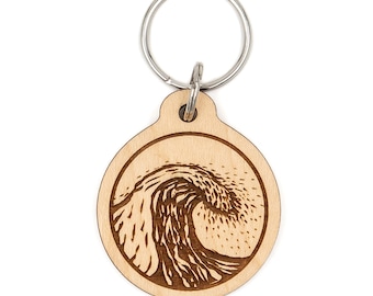 Ocean Wave & Surf - Wood Keychain - Laser Cut and Engraved - Finished Maple - Original Modern Design - Cute Gift