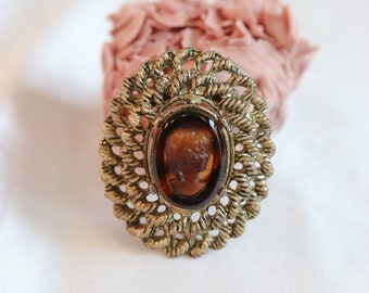 Vintage 60's Brown Tortoiseshell Cameo Brooch Necklace Pendant, Gold Rope Filigree Victorian Lady Cameo Pendant Pin