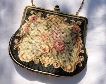Vintage 30s French Petit Point Needlepoint Tapestry Black Floral Gold Steel Frame Mini Evening Clutch Bag, Bridal Party Date Night Bag