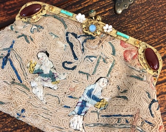 1920s Antique French Tapestry Art Deco Chinoiserie Embroidered Gold Steel Gemstone Jewel Frame Embroidered Clutch Evening Bag, Silk Lined