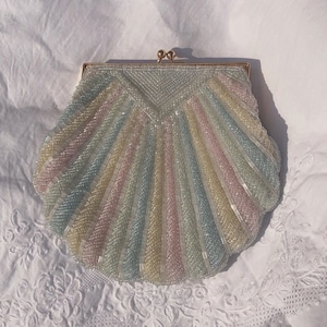 Vintage Rainbow Pastel Color Beaded Shell Evening Bag, Soft Baby Colors Sparkly Iridescent Hand-beaded Clam Party Clutch Bag