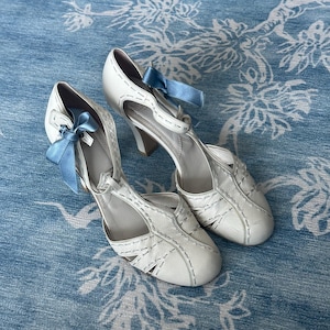 Vintage Vivienne Westwood Cream Leather Blue Ribbon Heels, Women EU Size 35, US Size 5, Made in Japan Bridal Heels