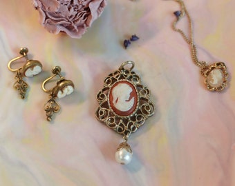 Vintage 60's Salmon Pink Victorian Cameo Necklace Pendant Earring Trio Bundle Set, Vintage Bronze Gold Filigree Pink Cameo Jewelry Set Gift