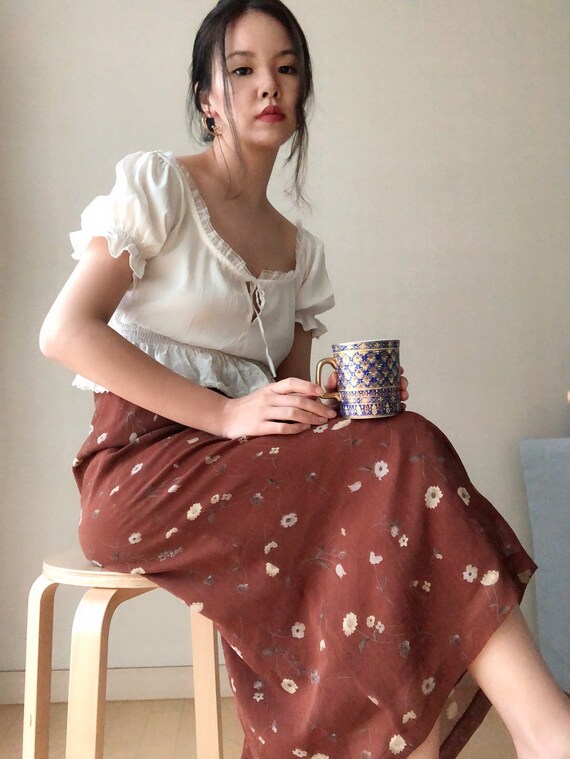 Vintage 70s Burnt Caramel Brown Floral Linen Long