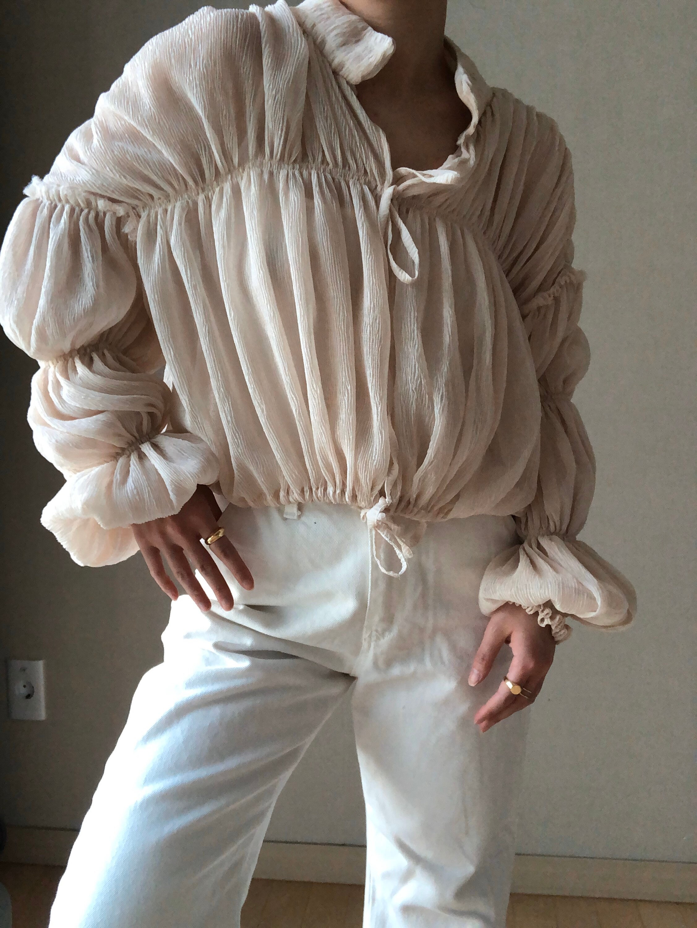 Sheer puff blouse 【Ivory】　orgue Elegant Long Puffy Sleeve Organza Blouse, Wedding Guest Top