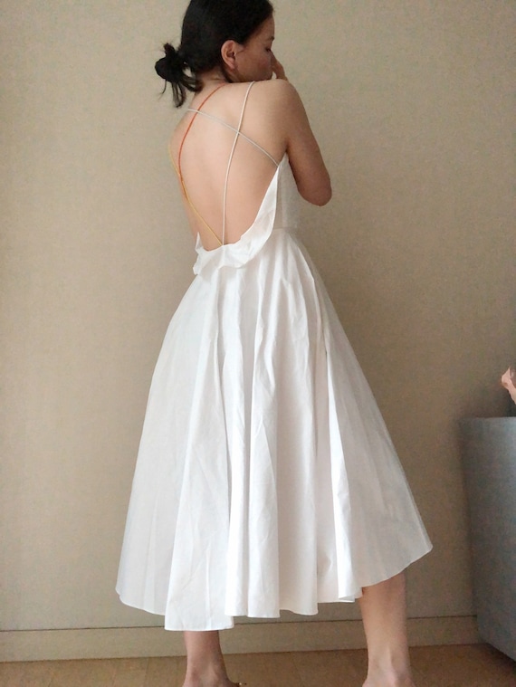 Vintage Colorful Strappy Backless White Dress, Whi