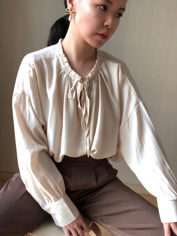 Vintage 70’s Cream Peasant Ruffle Collar Blouse, … - image 5