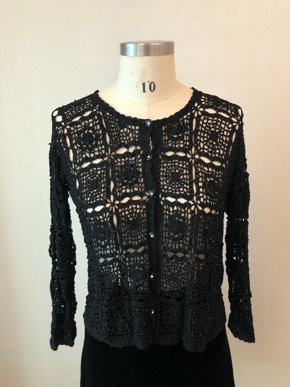 Vintage 70's Black Floral Crochet Hand Knit Cardig