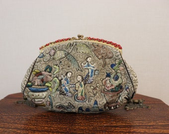 Sold/ 1920s Antique French Tapestry Embroidery Art Deco Three Chinese Women Embroidered Gold Steel Frame Clutch Evening Bag, Silk Lined