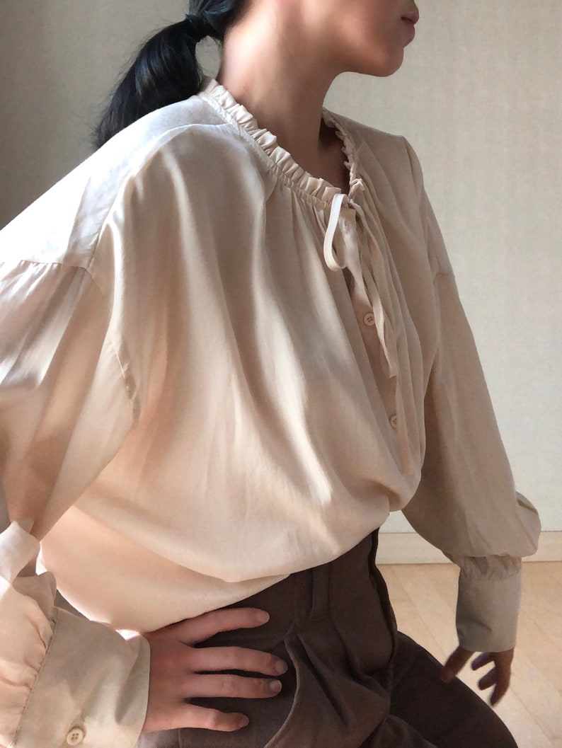 Vintage 70s Cream Peasant Ruffle Collar Blouse, Cream White Puff Sleeve Long Sleeve Blouse, Victorian Edwardian Revival Romantic Top image 4