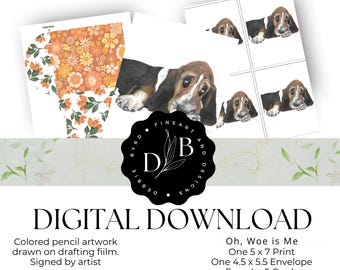 Dog Art Print: Hand-Drawn 5 x 7 Basset Hound Colored Pencil Illustration (Digital Download)