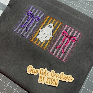Cute Bow Embroidered Halloween Ghost Sweatshirt T-shirt Pink Purple Orange Embroidery Kawaii Spooky Crewneck with Bows for Teen Girls Women