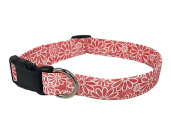 Personalized “Posie” Dog Collar - Dog Collar With Name - Embroidered Dog Collar - Coral and White Floral Dog Collar - Metal Buckle