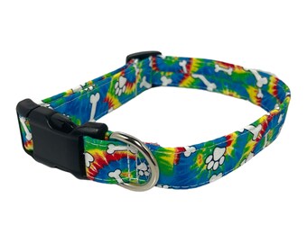 Hundehalsband personalisiert, Tye-Dye Hundehalsband Junge, Hundehalsbänder mit Namen, besticktes Hundehalsband, Regenbogen Hundehalsband mit Metallschnalle