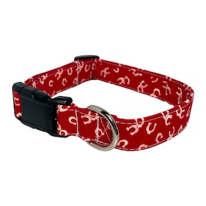 Personalized “Moose” Dog Collar - Adjustable Dog Collar - Embroidered Dog Collar - Red and White Horseshoe - Dog Collar With Metal Buckle