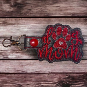 Dog Mom Keychain, Personalized Keychain, Embroidered Keychain, Red and Charcoal Grey