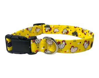 Personalized “Chickens” Dog Collar - Yellow Dog Collar With Name - Embroidered Dog Collar - Farm Dog Collar - Metal Buckle Adjustable