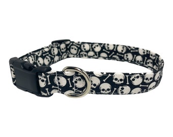 Personalized “Skulls” Dog Collar - Halloween Dog Collar - Embroidered Dog Collar - Skull and bones Dog Collar - Dog Collar With Metal Buckle