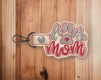 Porte-clés maman chien, porte-clés personnalisé, porte-clés brodé, crème, gris et rose
