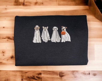 Halloween broderad tröja spökhund rund hals söt hundälskare present, mysig höstmode, unisex tröja spökhundtröja