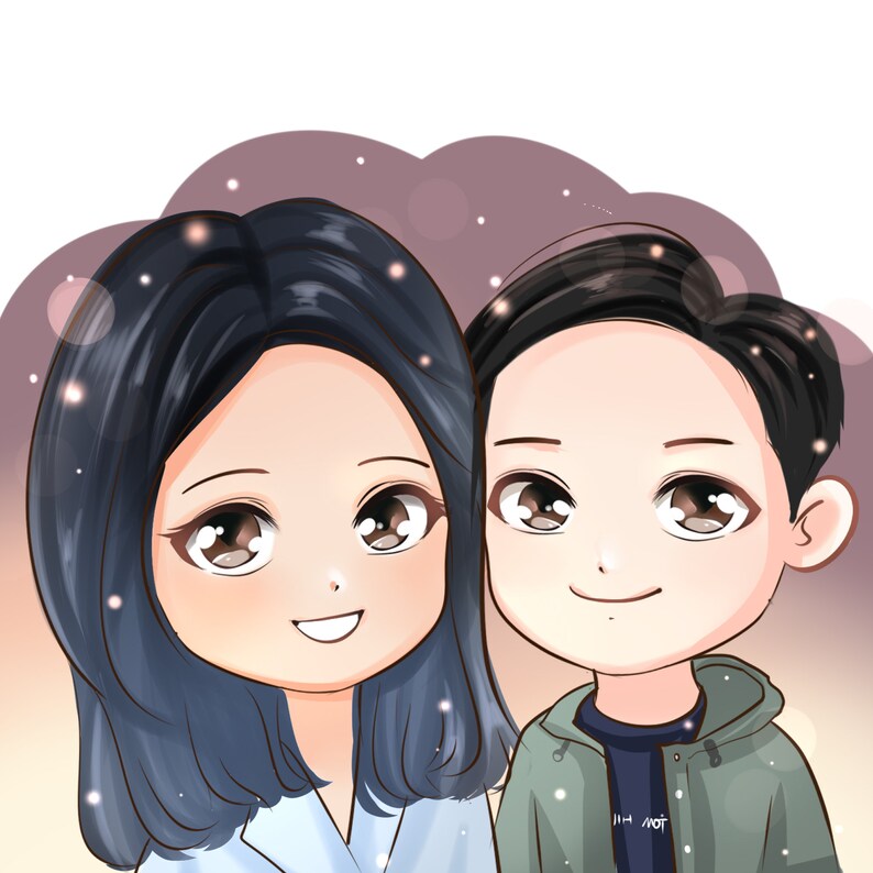 May include: Cartoon illustration of a couple, a woman with long black hair and a man with short black hair, both smiling.