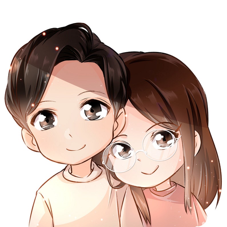 May include: A cartoon illustration of a couple, a man and a woman, with brown hair. The man is wearing a light beige shirt and the woman is wearing a pink shirt. They are smiling and looking at the viewer.