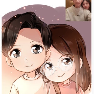 May include: A cartoon illustration of a couple, a man and a woman, with big eyes and smiling. The man has short brown hair and is wearing a white shirt. The woman has long brown hair and is wearing a pink shirt and glasses.