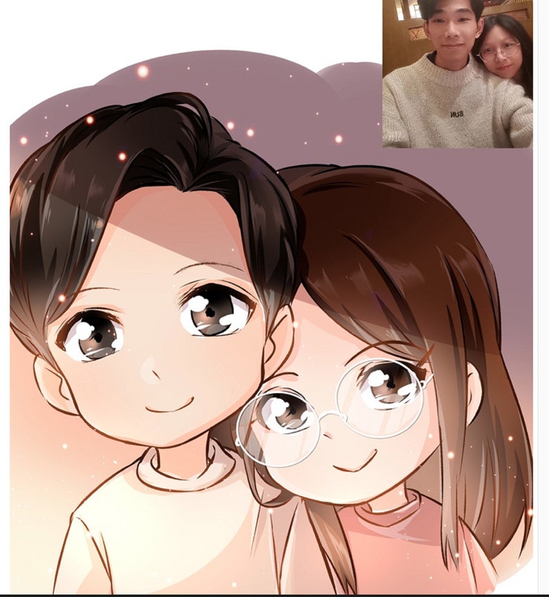 May include: A cartoon illustration of a couple, a man and a woman, with big eyes and smiling. The man has short brown hair and is wearing a white shirt. The woman has long brown hair and is wearing a pink shirt and glasses.