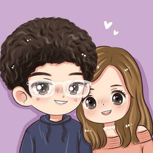 May include: A cartoon illustration of a couple, a man with brown curly hair wearing glasses and a blue hoodie, and a woman with long brown hair wearing a pink top and a white necklace. They are smiling and looking at each other.