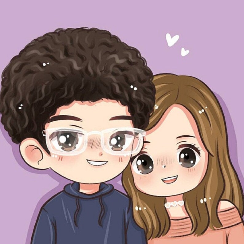 May include: A cartoon illustration of a couple, a man with brown curly hair wearing glasses and a blue hoodie, and a woman with long brown hair wearing a pink top and a white necklace. They are smiling and looking at each other.