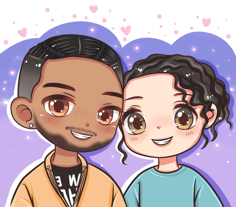 May include: A digital illustration of a couple, a man with brown skin and a woman with light skin, with large eyes and smiling. They are both wearing casual clothing and have dark hair.