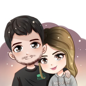 May include: A cartoon illustration of a couple, a man and a woman, with the woman's arm around the man's shoulder. The man is wearing a black shirt with a green logo that says "Electric" and the woman is wearing a gray hoodie with the word "MOPAR" printed on it.