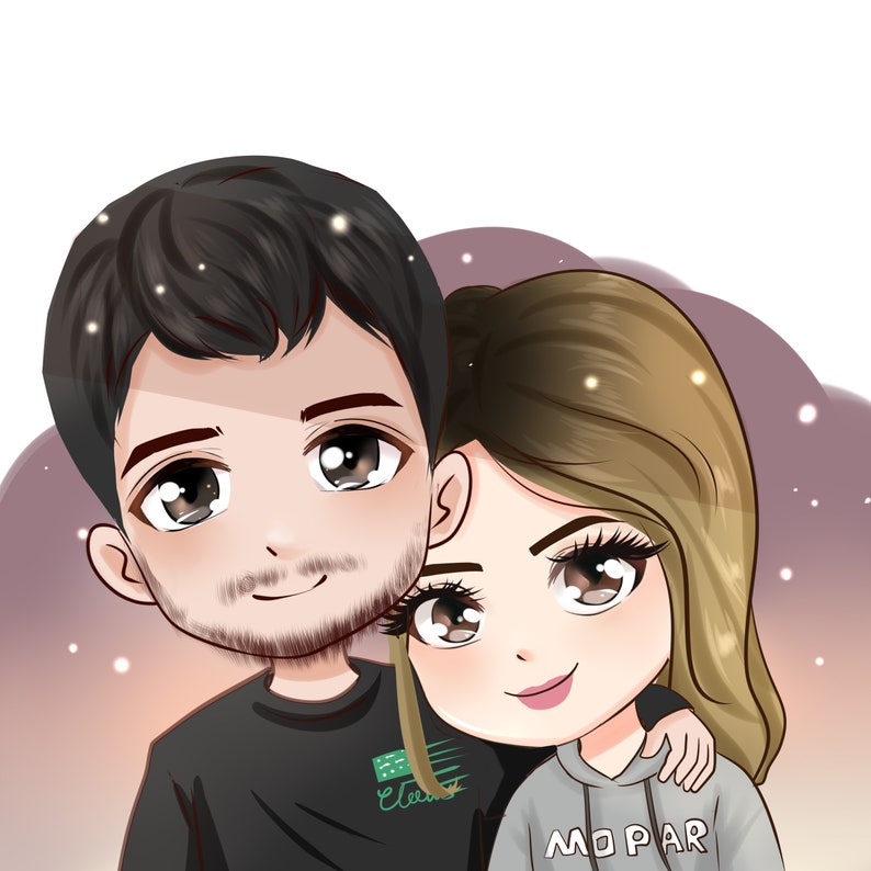 May include: A cartoon illustration of a couple, a man and a woman, with the woman's arm around the man's shoulder. The man is wearing a black shirt with a green logo that says "Electric" and the woman is wearing a gray hoodie with the word "MOPAR" printed on it.
