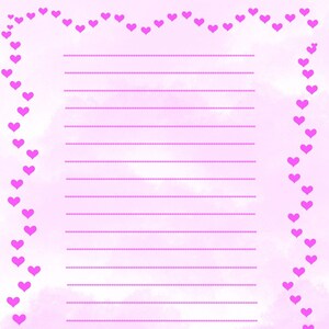 May include: Pink lined paper with a border of pink hearts. The paper is perfect for writing letters or notes.
