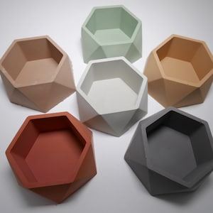 May include: Six geometric hexagonal planters in different colors: light green, light brown, white, dark brown, and gray. The planters are made of concrete and have a smooth finish.