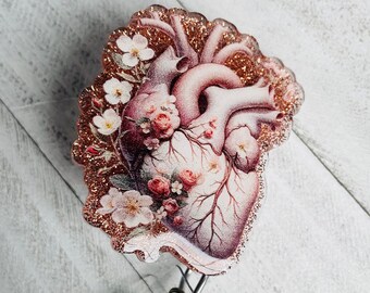 Rose Gold Anatomical Heart Badge Reel w/ flowers