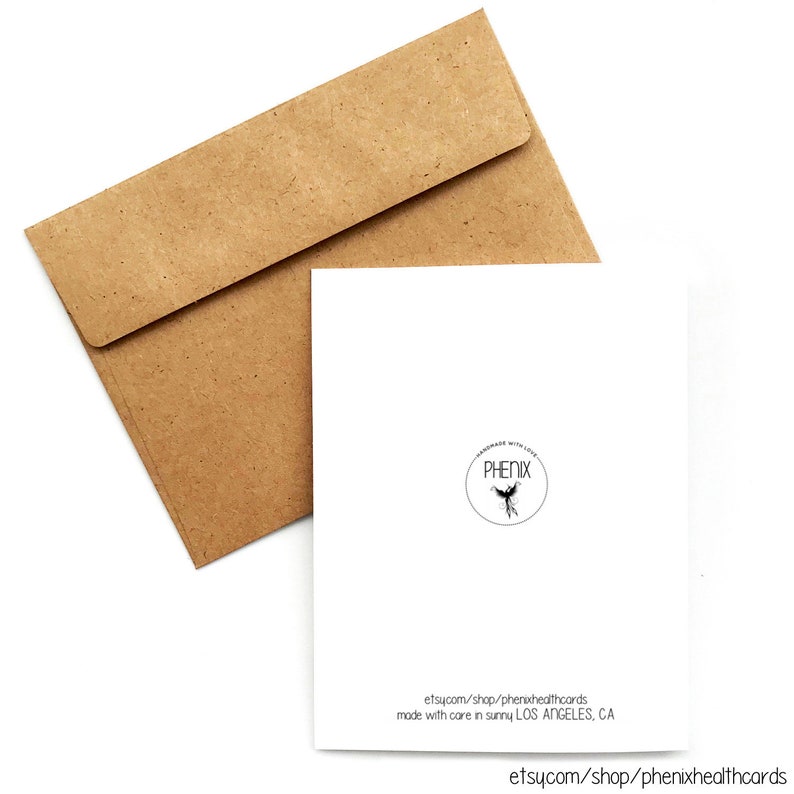 May include: A white card with a black and white logo that says "PHENIX" in a circle with a bird design. The text below the logo says "etsy.com/shop/phenixhealthcards" and "made with care in sunny LOS ANGELES, CA". The text at the bottom says "etsy.com/shop/phenixhealthcards".